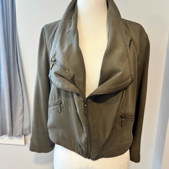 Y2K INC olive green taupe cropped convertible silk moto jacket size medium - Picture 5 of 14